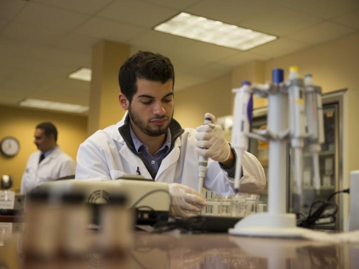 Student pipetting clear liquid into test tubes featuring pipette rack